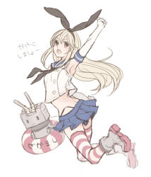 Rule 34 | 10s, 1girl, armpits, blonde hair, boots, breasts, brown eyes, clenched hand, elbow gloves, full body, gloves, grey footwear, hair ribbon, hairband, highleg, highleg panties, innertube, kantai collection, long hair, midriff, panties, personification, raised fist, red thighhighs, rensouhou-chan, ribbon, shimakaze (kancolle), simple background, sketch, small breasts, soa, solo, striped clothes, striped thighhighs, swim ring, thighhighs, translation request, underwear, white background