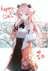 Rule 34 | 1girl, atelier live, black bow, black skirt, blue eyes, bow, breasts, cherry blossoms, collared shirt, commentary, cropped legs, damo (xdzt8552), dragon wings, english commentary, fur trim, hand on own cheek, hand on own face, highres, horns, jacket, kuzuryu io, light blush, long hair, long skirt, looking down, milestone celebration, mini wings, off-shoulder jacket, off shoulder, pink hair, pink jacket, second-party source, shirt, skirt, small breasts, solo, virtual youtuber, wings