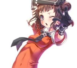 Rule 34 | 10s, 1girl, antenna hair, arm up, armpit peek, black gloves, blush, brown eyes, brown hair, commentary request, covered navel, double bun, gloves, hair bun, kantai collection, looking at viewer, naka (kancolle), neckerchief, one eye closed, open mouth, sakuya tsuitachi, school uniform, serafuku, short hair, simple background, solo, upper body
