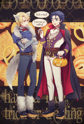 Rule 34 | 2boys, animal ears, bad id, bad pixiv id, basket, belt, blonde hair, blue hair, boots, bow, bowtie, cape, cookie, cosplay, costume switch, crossed arms, dated, dio brando, english text, food, formal, full body, green eyes, jack-o&#039;-lantern, jojo no kimyou na bouken, jonathan joestar, kochi (tinga), male focus, multiple boys, pretzel, scarf, tail, traditional bowtie, trick or treat, wolf ears, wolf tail
