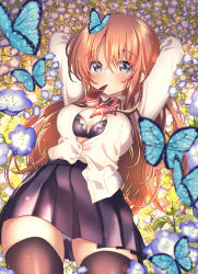 Rule 34 | 1girl, arms behind head, arms up, bad anatomy, black bra, black skirt, black thighhighs, blue butterfly, blue eyes, bra, breasts, brown hair, bug, butterfly, cleavage, field, flower, flower field, insect, kawanobe, long hair, looking at viewer, lying, medium breasts, mouth hold, on back, original, panties, pantyshot, partially unbuttoned, red neckwear, school uniform, shirt, skirt, solo, thighhighs, underwear, uniform, white panties, white shirt