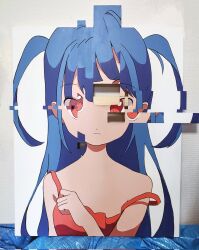Rule 34 | 1girl, acrylic paint (medium), bare shoulders, blue hair, closed mouth, commentary request, corrupted twitter file, dot nose, dress, glitch, hand up, highres, long hair, looking at viewer, momoe (mme daigaku), orange dress, orange eyes, original, painting (medium), photo (medium), simple background, solo, strap slip, sundress, traditional media, two side up, upper body, white background
