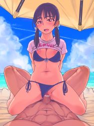 Rule 34 | 1boy, 1girl, 99aj, abs, anus, bar censor, beach, beach umbrella, bikini, blue bikini, blush, breasts, brown eyes, brown hair, censored, clitoris, clothed female nude male, clothes lift, clothing aside, cloud, contrail, cowgirl position, dark-skinned male, dark skin, english text, girl on top, heart, hetero, highres, looking at viewer, looking down, low twintails, lying, medium breasts, nipples, nude, on back, open mouth, outdoors, penis, pov, pov crotch, pussy, sex, shirt lift, short hair, sky, smile, solo focus, spread legs, straddling, swimsuit, swimsuit aside, twintails, umbrella, vaginal, veins, veiny penis