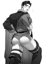 Rule 34 | 1boy, adjusting clothes, ass, bara, belt, blush, boots, coif, flying sweatdrops, from behind, granblue fantasy, greyscale, haiki (tegusu), highres, male focus, monochrome, open mouth, simple background, skin tight, skindentation, solo, thigh boots, thigh strap, thighhighs, tyre (granblue fantasy), white background