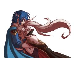 Rule 34 | blue cape, blue hair, cape, clenched teeth, comforting, crying, fire emblem, fire emblem: genealogy of the holy war, gloves, headband, highres, hug, ishtar (fire emblem), nintendo, ponytail, purple hair, seliph (fire emblem), signature, simple background, teeth, white gloves, zefirart