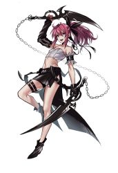Rule 34 | 1girl, :d, absurdres, bad id, bad pixiv id, bare shoulders, black footwear, black gloves, black skirt, braid, chain, copyright request, crop top, detached sleeves, dual wielding, full body, gloves, hair between eyes, highres, holding, holding sword, holding weapon, leg strap, looking at viewer, maruchi, midriff, navel, open mouth, original, pink eyes, pink hair, ponytail, shoes, simple background, single glove, skirt, smile, solo, sword, thigh strap, weapon, white background