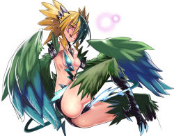 Rule 34 | 1girl, :q, akinaie, arm belt, bare shoulders, black hair, blonde hair, blue hair, claws, facial mark, feathered wings, feathers, hair ornament, hairclip, harpy, leather, lightning bolt symbol, midriff, monster girl, monster girl encyclopedia, monster girl encyclopedia ii, multicolored hair, one eye covered, open mouth, red eyes, short shorts, shorts, solo, tail, talons, thunderbird (monster girl encyclopedia), tongue, tongue out, twintails, two-tone hair, winged arms, wings