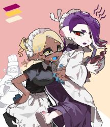 Rule 34 | 1boy, 2girls, :d, apron, big man (splatoon), black dress, blonde hair, blush, bowl, chef hat, colored eyelashes, dark-skinned female, dark skin, dress, ear blush, earrings, fake facial hair, fake mustache, fangs, food, food on face, frilled apron, frilled headwear, frills, frye (splatoon), hachimaki, hair over one eye, hand on another&#039;s waist, hand on own hip, hat, headband, highres, holding, holding bowl, inkling, jewelry, looking back, maid, maid apron, maid headdress, mixing bowl, multiple girls, musical note, nejiri hachimaki, nintendo, octoling, official alternate costume, open mouth, pink background, pointy ears, ponytail, purple hair, red eyes, shirt, shiver (splatoon), short sleeves, slippers, smile, sodamika, splatoon (series), splatoon 3, suction cups, sweatdrop, teeth, tentacle hair, tooth earrings, upper teeth only, waist apron, white apron, white headdress, white shirt, yellow eyes
