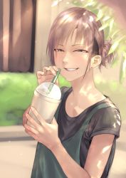 Rule 34 | 1girl, apron, black shirt, blurry, blurry background, brown hair, cup, day, drink, drinking straw, ear piercing, freckles, grey eyes, highres, holding, holding cup, kilye kairi, original, outdoors, piercing, shirt, short hair, smile, solo, standing, t-shirt, upper body