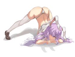 Rule 34 | 1girl, animal ears, artist request, ass, breasts, brown footwear, commentary request, full body, hair over eyes, jack-o&#039; challenge, large breasts, long hair, looking at viewer, parted lips, purple hair, rabbit ears, red eyes, reisen udongein inaba, shadow, simple background, smile, solo, thighhighs, thong, top-down bottom-up, touhou, white background, white thighhighs