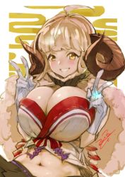 Rule 34 | 1girl, :p, ahoge, anila (granblue fantasy), blonde hair, breasts squeezed together, breasts, brown eyes, cape, cleavage, double v, draph, fur-trimmed cape, fur trim, gloves, granblue fantasy, grin, horns, huge breasts, jewelry, long hair, looking at viewer, midriff, ring, sheep horns, signature, skirt, smile, solo, sparkle, thick eyebrows, tongue, tongue out, v, very long hair, white gloves, zunta