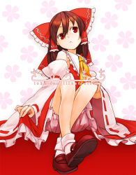 Rule 34 | 1girl, :&lt;, ascot, bloomers, bow, brown hair, detached sleeves, female focus, hair bow, hakurei reimu, japanese clothes, loafers, miko, red eyes, shoes, solo, totteri, touhou, underwear