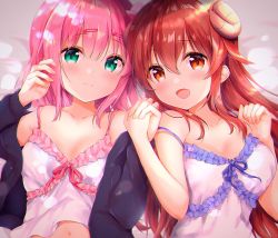 Rule 34 | 2girls, :d, amedamacon, bare arms, bare shoulders, bed sheet, black jacket, blush, breasts, brown eyes, brown hair, camisole, chiyoda momo, closed mouth, collarbone, commentary request, curled horns, demon horns, frilled camisole, frills, green eyes, hair between eyes, hair ornament, hairclip, highres, holding hands, horns, interlocked fingers, jacket, long hair, long sleeves, looking at viewer, lying, machikado mazoku, medium breasts, multiple girls, off shoulder, on back, open clothes, open jacket, open mouth, pink hair, small breasts, smile, upper body, very long hair, white camisole, yoshida yuuko (machikado mazoku)