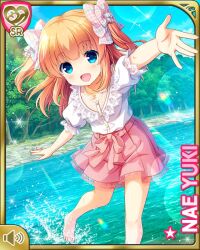 Rule 34 | 1girl, barefoot, blue eyes, bow, brown hair, character name, day, forest, girlfriend (kari), hair bow, long hair, nature, official art, outdoors, pink bow, pink skirt, qp:flapper, ribbon, river, running, shirt, skirt, smile, solo, twintails, wading, white shirt, yuuki nae