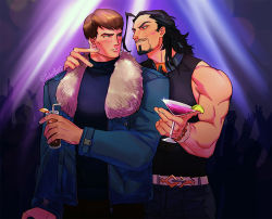 Rule 34 | 2boys, artist name, bar (place), bara, beard, belt, biceps, black hair, blue eyes, blush, bracelet, brown hair, chair, collar, cup, drinking glass, drinking straw, facial hair, falloutbart, food, fruit, garen (league of legends), hand on another&#039;s shoulder, jacket, jewelry, league of legends, lemon, lemon slice, light, long hair, long sleeves, looking at another, mature male, multiple boys, muscular, muscular male, pants, shirt, sleeveless, stage lights, stubble, sweater, sylas (league of legends), thick arms, thick eyebrows, turtleneck, turtleneck sweater, yaoi