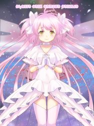 Rule 34 | 10s, 1girl, bow, dress, feathered wings, gloves, hair bow, higeno shinshi, kaname madoka, long hair, looking at viewer, madoka runes, mahou shoujo madoka magica, mahou shoujo madoka magica (anime), pink hair, pink thighhighs, smile, solo, space, spoilers, thighhighs, two side up, ultimate madoka, white dress, white gloves, wings, yellow eyes