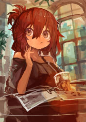 1girl absurdres alternate_costume bare_shoulders black_shirt brown_eyes brown_hair closed_mouth commentary cup folded_ponytail hair_between_eyes highres inazuma_(kancolle) indoors kaamin_(mariarose753) kantai_collection looking_at_viewer plant shirt sitting solo table upper_body window