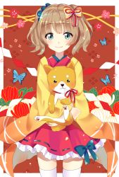 Rule 34 | 1girl, animal, bad id, bad pixiv id, black bow, blue eyes, blush, bow, brown hair, bug, butterfly, dog, flower, frilled skirt, frills, hair bow, highres, holding, holding animal, insect, looking at viewer, nengajou, new year, original, red skirt, skirt, smile, solo, standing, thighhighs, white thighhighs, yuikosoba