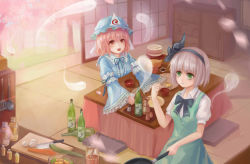 Rule 34 | 2girls, arm up, armband, bad id, bad pixiv id, bottle, bow, bowl, cabinet, carrot, cherry blossoms, choko (cup), chopsticks, cleaver, cooking, cucumber, cup, cushion, cutting board, dress, egg, food, frying pan, green eyes, hair ornament, hair ribbon, hat, hitodama, indoors, japanese clothes, jar, kimono, konpaku youmu, kotatsu, ladle, long sleeves, looking at another, mob cap, multiple girls, open mouth, petals, pink eyes, pink hair, plate, puffy short sleeves, puffy sleeves, ribbon, saigyouji yuyuko, short hair, short sleeves, silver hair, sitting, sliding doors, spatula, table, tamaxi123, tatami, tokkuri, touhou, tree, triangular headpiece, wide sleeves