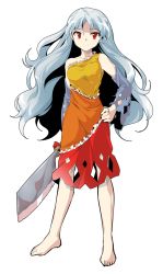 Rule 34 | 1girl, alphes (style), arm at side, bare legs, bare shoulders, barefoot, blue hair, breasts, closed mouth, collarbone, dairi, detached sleeves, diamond (shape), dress, eyebrows, frilled dress, frills, full body, hand on own hip, hashitsuki nata, hatchet, highres, holding, legs apart, long hair, long sleeves, medium breasts, multicolored clothes, multicolored dress, nata (tool), orange dress, parody, red dress, red eyes, red ribbon, ribbon, sakata nemuno, single strap, smile, solo, standing, style parody, touhou, transparent background, tsurime, wide sleeves, yellow dress