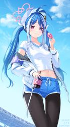 Rule 34 | 1girl, absurdres, alternate costume, antenna hair, baseball cap, black pantyhose, blue archive, blue hair, blue shorts, bow, breasts, crop top, cup, day, disposable cup, dolphin shorts, doughnut, drawstring, eating, food, fubuki (blue archive), hair bow, halo, hat, highres, holding, jacket, long hair, long sleeves, looking at viewer, medium breasts, midriff, multicolored hair, navel, off shoulder, open clothes, open jacket, outdoors, pantyhose, pantyhose under shorts, pink eyes, shirt, short shorts, short sleeves, shorts, solo, standing, stomach, streaked hair, supersugar, thighs, twintails, two-tone hair, very long hair, wavy mouth, white jacket, white shirt