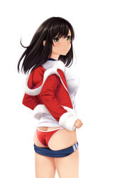Rule 34 | 1girl, ass, black hair, blue shorts, breasts, commentary request, cowboy shot, from behind, grey background, highres, jacket, large breasts, long hair, long sleeves, looking at viewer, nonaka ritsu, open clothes, open jacket, original, panties, red jacket, red panties, shirt, shorts, simple background, smile, solo, underwear, wedgie, white shirt