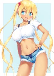 Rule 34 | 1girl, bikini, bikini under clothes, blend s, blonde hair, blue background, blue bikini, blue eyes, blush, border, breasts, contrapposto, cowboy shot, hair between eyes, hand on own hip, highres, hinata kaho, kazuma (kazumav), large breasts, long hair, looking at viewer, navel, off shoulder, open fly, open mouth, outside border, shirt, short shorts, shorts, sidelocks, simple background, smile, solo, standing, swimsuit, swimsuit under clothes, tan, tareme, thighs, tied shirt, very long hair, white border, white shirt