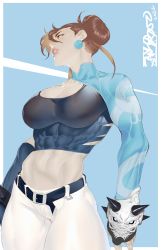 Rule 34 | 1girl, abs, alternate costume, asymmetrical sleeves, belt, black sports bra, blue background, bracelet, breasts, brown hair, capcom, chun-li, collarbone, detached sleeves, earrings, highres, jankojaro, jewelry, large breasts, lips, midriff, mismatched sleeves, muscular, muscular female, nose, pants, shrug (clothing), skin tight, solo, spiked bracelet, spikes, sports bra, street fighter, thick thighs, thighs, white pants