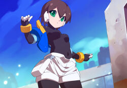 Rule 34 | 1girl, aile (mega man zx), black bodysuit, blue jacket, blue sky, blurry, blurry background, bodysuit, bodysuit under clothes, breasts, brown hair, covered navel, cowboy shot, cropped jacket, green eyes, jacket, kaidou zx, looking at viewer, mega man (series), mega man zx, off shoulder, open clothes, open jacket, robot ears, short hair, shorts, sky, small breasts, solo, white shorts