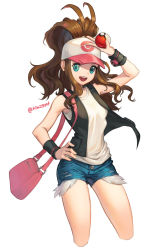 Rule 34 | 1girl, :d, antenna hair, arm up, bag, baseball cap, black vest, black wristband, blue shorts, brown hair, buttons, commentary request, creatures (company), ekle (kim2zmf), eyelashes, game freak, green eyes, hand on own hip, handbag, hat, high ponytail, highres, hilda (pokemon), holding, holding poke ball, korean commentary, long hair, nintendo, open clothes, open mouth, open vest, pink bag, pink hat, poke ball, poke ball (basic), pokemon, pokemon bw, shirt, short shorts, shorts, sidelocks, simple background, sleeveless, sleeveless shirt, smile, solo, teeth, tongue, twitter username, two-tone headwear, upper teeth only, vest, white background, white hat, white shirt, wristband
