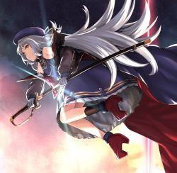 Rule 34 | 1girl, azur lane, bare shoulders, beret, blunt bangs, breasts, gloves, hat, holding, holding sword, holding weapon, lefthand, long hair, long sleeves, looking at viewer, off shoulder, sheath, silver hair, small breasts, solo, sword, unsheathing, very long hair, weapon, white gloves, yellow eyes, z46 (azur lane)