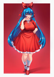 Rule 34 | 1girl, blue eyes, blue hair, border, bow, breasts, character request, cloudxmoe, commentary, commission, commissioner name, copyright request, dress, english commentary, english text, full body, hair between eyes, hair bow, highres, large breasts, long hair, looking at viewer, open hand, open mouth, outside border, red background, red bow, red dress, red footwear, short sleeves, simple background, socks, solo, standing, teeth, upper teeth only, white border, white socks