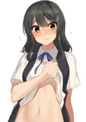 Rule 34 | 1girl, absurdres, akagi kurage, black hair, black vest, blue ribbon, blush, buttons, closed mouth, clothes lift, collared shirt, flying sweatdrops, hair ornament, highres, kantai collection, lifting own clothes, long hair, navel, neck ribbon, oyashio (kancolle), ribbon, shirt, shirt lift, short sleeves, simple background, smile, solo, vest, white background, white shirt, yellow eyes