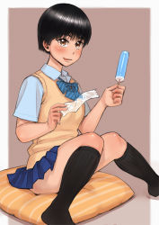 Rule 34 | 1girl, ayumu (zenkou), brown eyes, cardigan, original, pleated skirt, popsicle, school uniform, short hair, skirt, socks, solo, zenkou