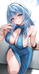 Rule 34 | 1girl, absurdres, ako (blue archive), ako (dress) (blue archive), bare shoulders, black hairband, blue archive, blue dress, blue eyes, blue hair, blue halo, bracelet, breasts, cleavage, closed mouth, dress, hair between eyes, hairband, halo, hand up, highres, jewelry, large breasts, looking at viewer, medium hair, nano (syoutamho), purple nails, simple background, smile, solo, thighs, white background