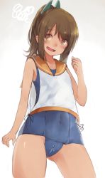 Rule 34 | 10s, 1girl, :d, @ @, blush, brown hair, clenched hand, collarbone, covered navel, cowboy shot, crotch zipper, dark skin, dark-skinned female, i-401 (kancolle), kantai collection, looking at viewer, makihitsuji, one-piece swimsuit, open mouth, ponytail, sailor collar, simple background, smile, solo, squiggle, swimsuit, tan, white background, zipper