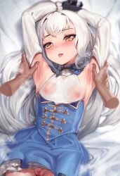 Rule 34 | 1girl, 1other, armpits, bed sheet, black gloves, breasts, censored, collarbone, corset, covered erect nipples, detached sleeves, disembodied hand, fate/grand order, fate (series), gloves, heart, heart-shaped pupils, heart censor, highres, long hair, looking at viewer, melusine (fate), nipples, no panties, padoruu, paid reward available, see-through, small breasts, spread armpit, sweat, symbol-shaped pupils, tongue, tongue out, variant set, white hair, white sleeves, yellow eyes