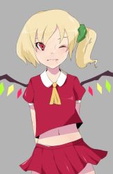 Rule 34 | 1girl, 373, adapted costume, arms behind back, blouse, collared shirt, fang, female focus, flandre scarlet, grey background, midriff, navel, one eye closed, red shirt, school uniform, serafuku, shirt, solo, touhou, wink
