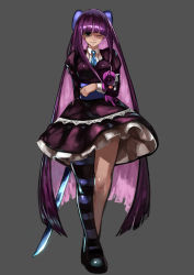 Rule 34 | 10s, 1girl, colored inner hair, dress, gothic lolita, crossed legs, lolita fashion, long hair, multicolored hair, one eye closed, panty &amp; stocking with garterbelt, purple dress, purple hair, single thighhigh, smile, solo, standing, stocking (psg), stuffed animal, stuffed cat, stuffed toy, sword, thighhighs, unizama, very long hair, weapon