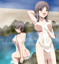 Rule 34 | 2girls, artist request, ass, back, blush, breasts, brown eyes, brown hair, closed eyes, convenient censoring, corpse party, from behind, highres, large breasts, long hair, multiple girls, nakashima naomi, naked towel, nipples, nude, onsen, open mouth, pixy (artist), rock, shinohara seiko, shiny skin, short hair, sideboob, sitting, smile, towel, water, wet