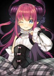 Rule 34 | 10s, 1girl, ;), black background, blue eyes, claws, detached sleeves, dress, elizabeth bathory (fate), fate/extra, fate/extra ccc, fate (series), flat chest, horns, long hair, looking at viewer, midorikawa you, one eye closed, pink hair, pointy ears, simple background, smile, solo, type-moon, upper body, wrist cuffs