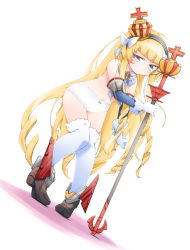 Rule 34 | 1girl, anbee (arary), azur lane, blonde hair, blue eyes, blue hairband, blush, bow, bow panties, brown footwear, closed mouth, cross, crown, cutch angle, drill hair, female focus, flat chest, full body, gloves, hair bow, hairband, half-closed eyes, hand up, happy, highres, holding, knees together feet apart, long hair, looking at viewer, mini crown, navel, panties, pigeon-toed, queen elizabeth (azur lane), shoes, simple background, smile, solo, staff, standing, tilted headwear, tiptoes, topless, underwear, very long hair, white background, white bow, white gloves, white neckwear, white panties