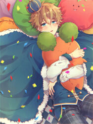 Rule 34 | 1boy, blue cape, blue eyes, blue jacket, brown hair, buttons, cape, checkered floor, commentary request, confetti, cowboy shot, crown, dotted line, ensemble stars!, from above, fur-trimmed cape, fur trim, gold trim, grey pants, head on pillow, highres, holding, holding stuffed toy, jacket, long sleeves, looking up, lying, male focus, mini crown, muuta04, hugging object, on back, on side, pants, parted lips, pillow, plaid, plaid pants, shirt, short hair, sleeve cuffs, solo, stuffed carrot, stuffed toy, takamine midori, two-tone cape, white cape, white shirt, white trim