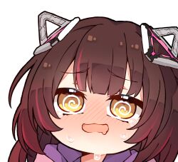 Rule 34 | 1girl, @ @, animal ears, blunt bangs, blush stickers, brown hair, chibi, commentary, drooling, english commentary, fake animal ears, gradient hair, headgear, hololive, kukie-nyan, looking at viewer, mouth drool, multicolored hair, open mouth, roboco-san, roboco-san (hoodie), scared, simple background, solo, streaked hair, tearing up, virtual youtuber, white background, yellow eyes