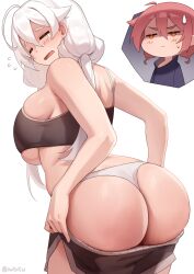 Rule 34 | 2girls, ahoge, ass, breasts, closed eyes, clothes pull, curvy, highres, huge ass, huge breasts, iwbitu, large breasts, multiple girls, nyopu, original, panties, red hair, shorts, shorts pull, sports bra, thick thighs, thighs, thong, underwear, white background, white hair, white panties