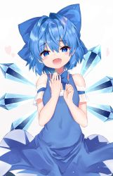 Rule 34 | 1girl, :d, aqua nails, bad id, bad twitter id, bare shoulders, blue bow, blue bowtie, blue dress, blue eyes, blue hair, blush, bow, bowtie, breasts, cirno, commentary request, cowboy shot, detached collar, dress, fang, fingernails, hair between eyes, hair bow, hair intakes, heart, highres, ice, ice wings, looking at viewer, meteor (yamashou), nail polish, open mouth, sharp fingernails, short hair, simple background, sleeveless, sleeveless dress, small breasts, smile, solo, touhou, white background, wings