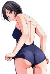 Rule 34 | 1girl, ass, backless outfit, bare back, black eyes, black hair, blush, breasts, competition school swimsuit, cowboy shot, highres, looking back, matsunaga kouyou, one-piece swimsuit, original, school swimsuit, short hair, sideboob, simple background, solo, swimsuit