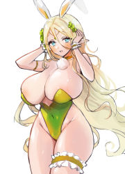 Rule 34 | 1girl, :o, absurdres, adjusting hair ornament, aqua eyes, ash (cat7evy), bare arms, bare shoulders, blonde hair, blue eyes, blush, breasts, cerestia of life, circlet, cleavage, commentary request, covered navel, cowboy shot, curvy, elf, forehead, frills, green leotard, hair between eyes, highleg, highleg leotard, highres, huge breasts, large breasts, last origin, legs together, leotard, long hair, looking at viewer, open mouth, playboy bunny, pointy ears, simple background, smile, solo, standing, strapless, strapless leotard, thigh strap, thighs, very long hair, white background, wide hips