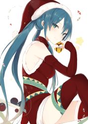 Rule 34 | 1girl, alternate costume, arm warmers, blue eyes, blue hair, blue nails, blush, box, breasts, dress, from side, gift, gift box, hat, hatsune miku, holding, holding gift, knee up, looking at viewer, looking to the side, lpip, matching hair/eyes, medium breasts, nail polish, red dress, red hat, red theme, red thighhighs, santa costume, simple background, sitting, sleeveless, sleeveless dress, smile, solo, thighhighs, tsurime, twintails, vocaloid, white background, zettai ryouiki