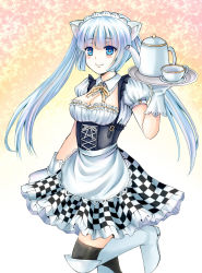 Rule 34 | 10s, 1girl, animal ears, apron, blue eyes, boots, bow, cat ears, checkered clothes, checkered skirt, corset, cup, detached collar, gloves, highres, isyu, kneehighs, long hair, maid, maid apron, maid headdress, miss monochrome, miss monochrome (character), puffy sleeves, short sleeves, skirt, smile, socks, solo, standing, standing on one leg, star-shaped pupils, star (symbol), symbol-shaped pupils, teacup, teapot, thighhighs, tray, white gloves, white hair, zettai ryouiki